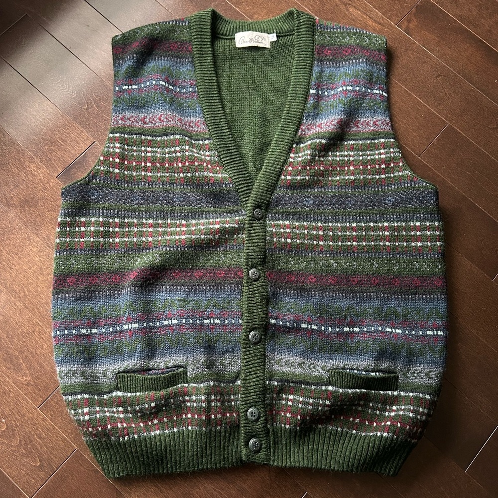 Vintage Arnold Palmer Pine Green Patterned Knit Button-Up Sweater Vest